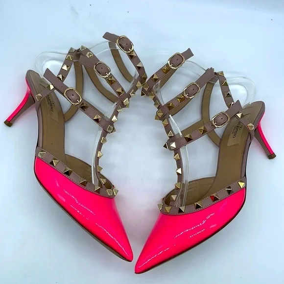 Valentino Garavani Hot Neon Pink patent leather Rockstud T strap pumps 39.5 - Picture 4 of 9